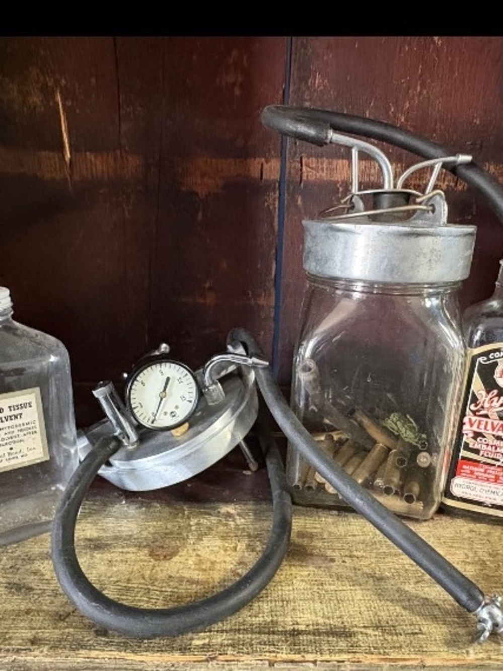 Vintage Embalming -Style Black Rubber Hose Vacuum Pump with Gauge